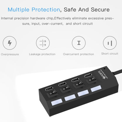 4 Ports USB Hub 2.0 USB Splitter High Speed 480Mbps with ON/OFF Switch, 4 LED(Black) - USB 2.0 HUB by buy2fix | Online Shopping UK | buy2fix