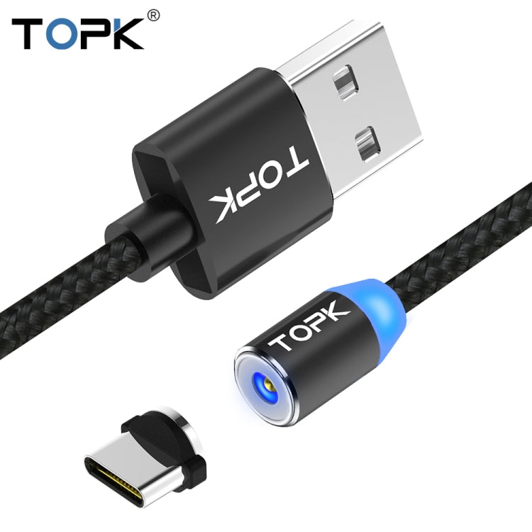 TOPK 1m 2.4A Max USB to USB-C / Type-C Nylon Braided Magnetic Charging Cable with LED Indicator(Black) - Mobile Accessories by TOPK | Online Shopping UK | buy2fix