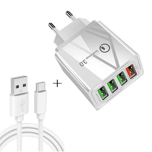 2 in 1 USB to USB-C / Type-C Data Cable + 30W QC 3.0 4 USB Interfaces Mobile Phone Tablet PC Universal Quick Charger Travel Charger Set, EU Plug(White) - Mobile Accessories by buy2fix | Online Shopping UK | buy2fix