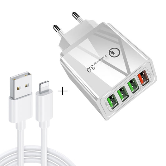 2 in 1 1m USB to 8 Pin Data Cable + 30W QC 3.0 4 USB Interfaces Mobile Phone Tablet PC Universal Quick Charger Travel Charger Set, EU Plug(White) - Apple Accessories by buy2fix | Online Shopping UK | buy2fix