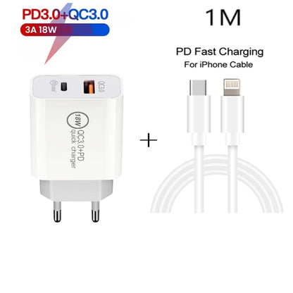 SDC-18W 18W PD 3.0 Type-C / USB-C + QC 3.0 USB Dual Fast Charging Universal Travel Charger with Type-C / USB-C to 8 Pin Fast Charging Data Cable, EU PLUG - Apple Accessories by buy2fix | Online Shopping UK | buy2fix