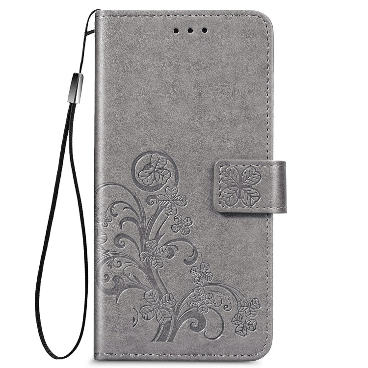 For Xiaomi Redmi 9A Four-leaf Clasp Embossed Buckle Horizontal Flip TPU + PU Leather Case with Lanyard & Card Slot & Wallet & Holder(Gray) - Xiaomi Cases by buy2fix | Online Shopping UK | buy2fix