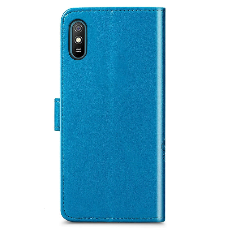 For Xiaomi Redmi 9A Four-leaf Clasp Embossed Buckle Horizontal Flip TPU + PU Leather Case with Lanyard & Card Slot & Wallet & Holder(Blue) - Xiaomi Cases by buy2fix | Online Shopping UK | buy2fix