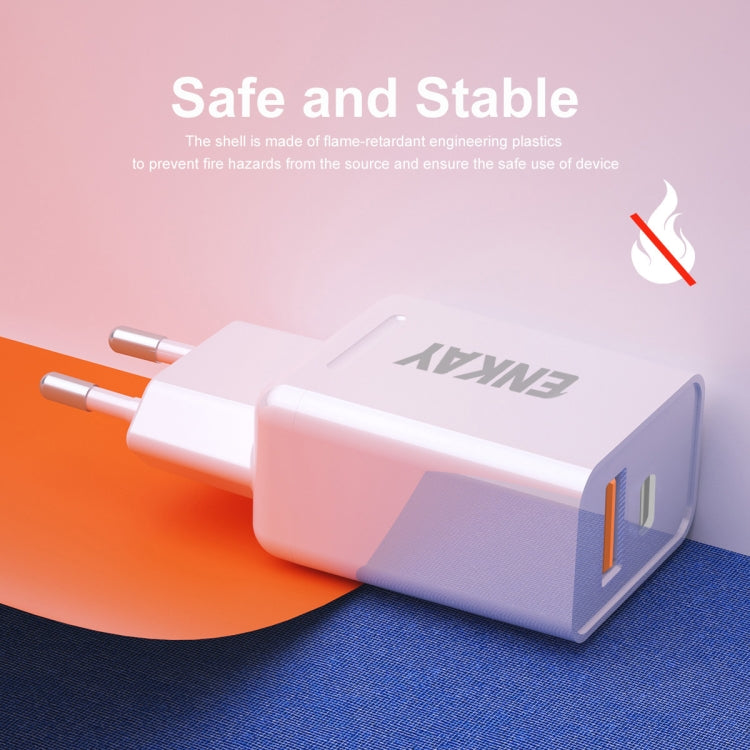 ENKAY Hat-Prince T030 18W 3A PD + QC3.0 Dual USB Fast Charging Power Adapter EU Plug Portable Travel Charger With 1m 3A Type-C Cable - Mobile Accessories by ENKAY | Online Shopping UK | buy2fix