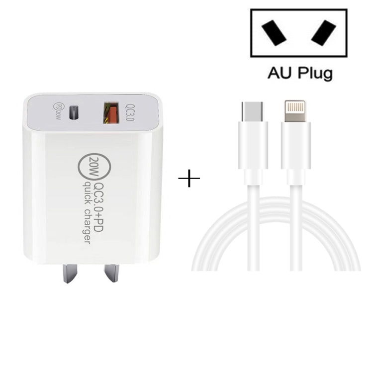 TCS-20WACA 20W PD Type-C + QC 3.0 USB Interface Fast Charging Travel Charger with USB-C / Type-C to 8 Pin Fast Charge Data Cable AU Plug - Apple Accessories by buy2fix | Online Shopping UK | buy2fix