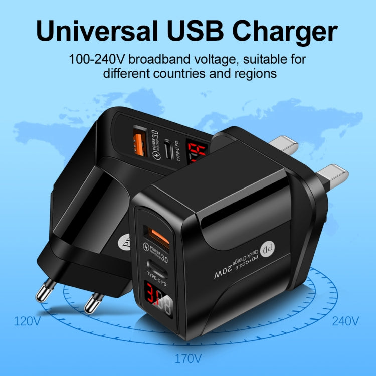 PD001 5A PD3.0 20W + QC3.0 USB Fast Charger with LED Digital Display, UK Plug(Black) - Mobile Accessories by buy2fix | Online Shopping UK | buy2fix