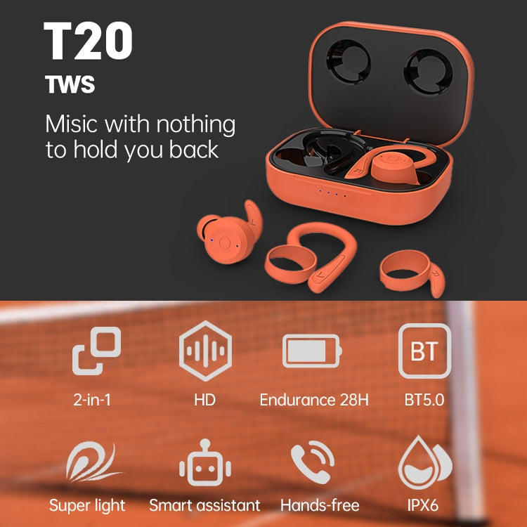 T20 TWS Bluetooth Hooks Wireless Sports Headphones with Charging Box IPX6 Waterproof Noise-cancelling Earphones(Blue) - Bluetooth Earphone by buy2fix | Online Shopping UK | buy2fix