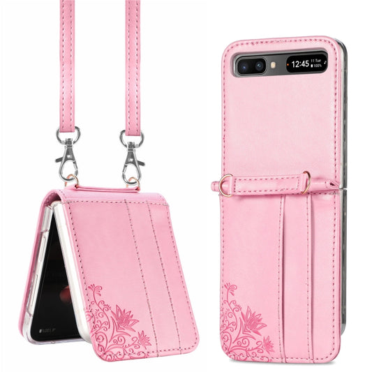 For Samsung Galaxy Z Flip 5G Diagonal Lanyard Embossed Card Phone Case(Pink) - Samsung Accessories by buy2fix | Online Shopping UK | buy2fix