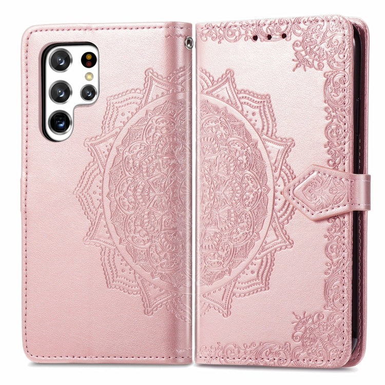 For Samsung Galaxy S22 Ultra 5G Mandala Flower Embossed Horizontal Flip Leather Case with Holder & Card Slots & Wallet & Lanyard(Rose Gold) - Samsung Accessories by buy2fix | Online Shopping UK | buy2fix