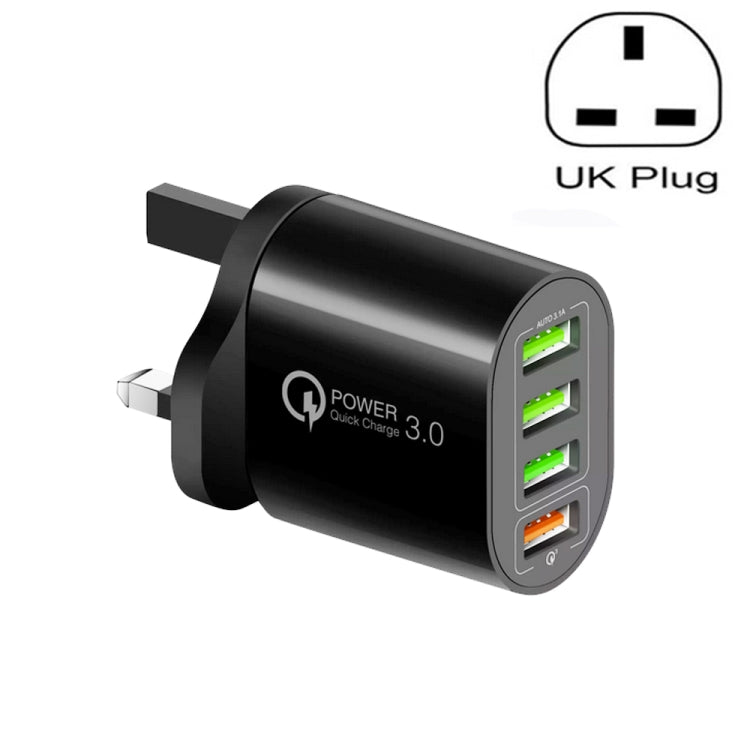 QC-04 QC3.0 + 3 x USB 2.0 Multi-ports Charger for Mobile Phone Tablet, UK Plug(Black) - Mobile Accessories by buy2fix | Online Shopping UK | buy2fix