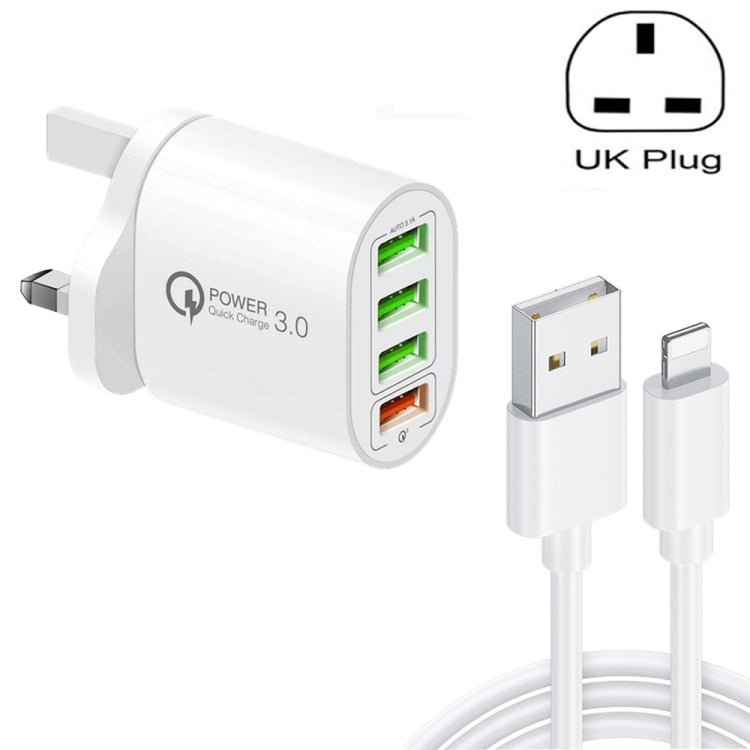 QC-04 QC3.0 + 3 x USB2.0 Multi-ports Charger with 3A USB to 8 Pin Data Cable, UK Plug(White) - Apple Accessories by buy2fix | Online Shopping UK | buy2fix