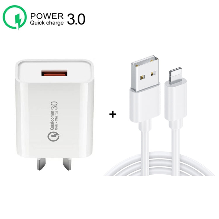 CA-25 QC3.0 USB 3A Fast Charger with USB to 8 Pin Data Cable, AU Plug(White) - Apple Accessories by buy2fix | Online Shopping UK | buy2fix