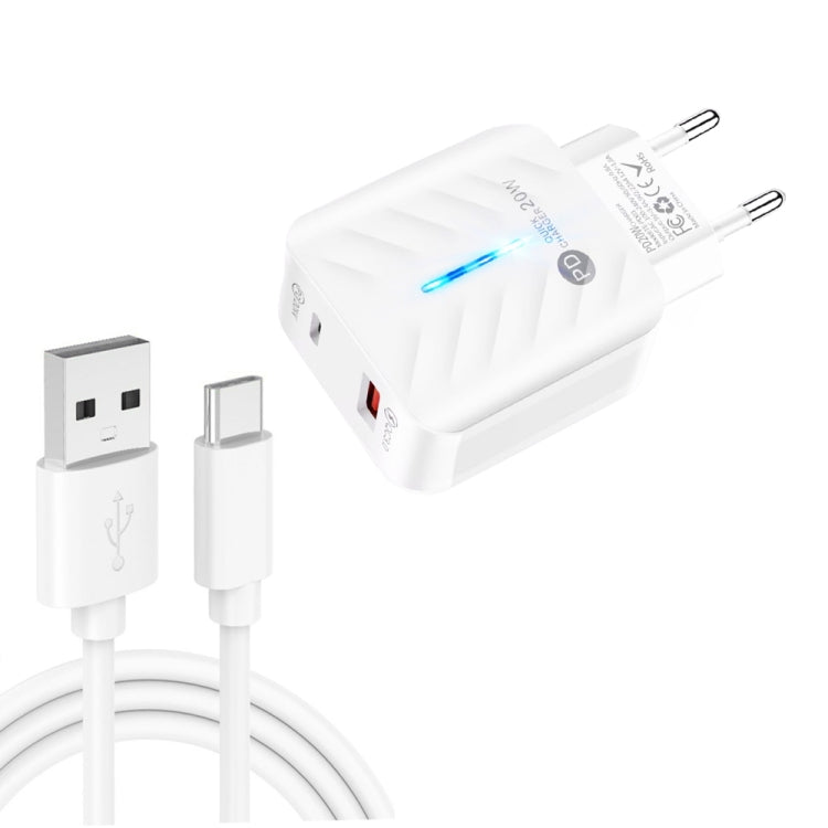 PD03 20W PD3.0 + QC3.0 USB Charger with USB to Type-C Data Cable, EU Plug(White) - Mobile Accessories by buy2fix | Online Shopping UK | buy2fix