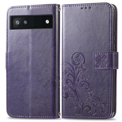 For Google Pixel 6a Four-leaf Clasp Embossed Buckle Leather Phone Case(Purple) - Google Cases by buy2fix | Online Shopping UK | buy2fix