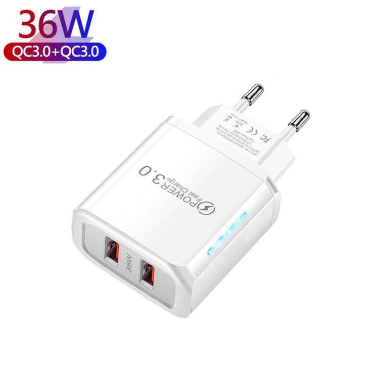 36W Dual Port QC3.0 USB Charger with 3A USB to Micro USB Data Cable, EU Plug(White) - Mobile Accessories by buy2fix | Online Shopping UK | buy2fix