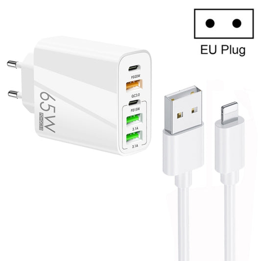 65W Dual PD Type-C + 3 x USB Multi Port Charger with 3A USB to 8 Pin Data Cable, EU Plug(White) - Apple Accessories by buy2fix | Online Shopping UK | buy2fix