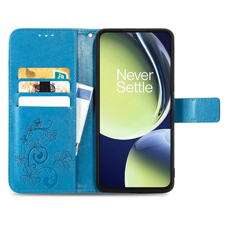 For OnePlus Nord CE 3 Lite Four-leaf Clasp Embossed Buckle Leather Phone Case(Blue) - OnePlus Cases by buy2fix | Online Shopping UK | buy2fix
