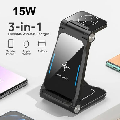 T8  QI Certified Fast Charging Station 3 in 1 Foldable Design Charging Dock - Wireless Charger Receiver by buy2fix | Online Shopping UK | buy2fix