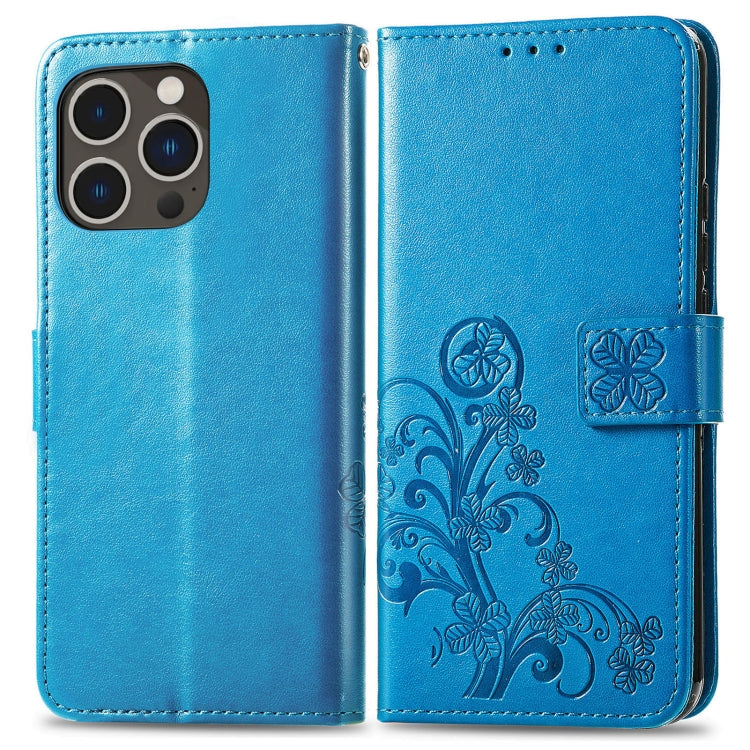 For iPhone 15 Pro Four-leaf Clasp Embossed Buckle Leather Phone Case(Blue) - iPhone 15 Pro Cases by buy2fix | Online Shopping UK | buy2fix