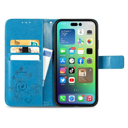 For iPhone 15 Pro Max Four-leaf Clasp Embossed Buckle Leather Phone Case(Blue) - iPhone 15 Pro Max Cases by buy2fix | Online Shopping UK | buy2fix