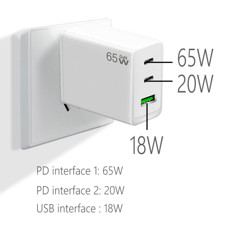 GaN PD65W Type-C x 2 + USB3.0 Charger with Type-C to Type-C Data Cable ,UK Plug(White) - USB Charger by buy2fix | Online Shopping UK | buy2fix