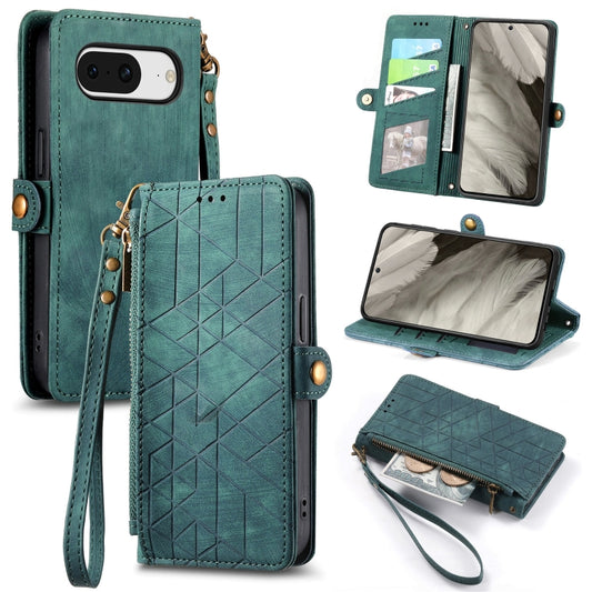 For Google Pixel 8 Geometric Zipper Wallet Side Buckle Leather Phone Case(Green) - Google Cases by buy2fix | Online Shopping UK | buy2fix