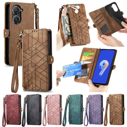 For ASUS Zenfone 10 Geometric Zipper Wallet Side Buckle Leather Phone Case(Brown) - ASUS Cases by buy2fix | Online Shopping UK | buy2fix