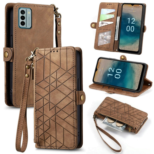For Nokia G22 Geometric Zipper Wallet Side Buckle Leather Phone Case(Brown) - Nokia Cases by buy2fix | Online Shopping UK | buy2fix