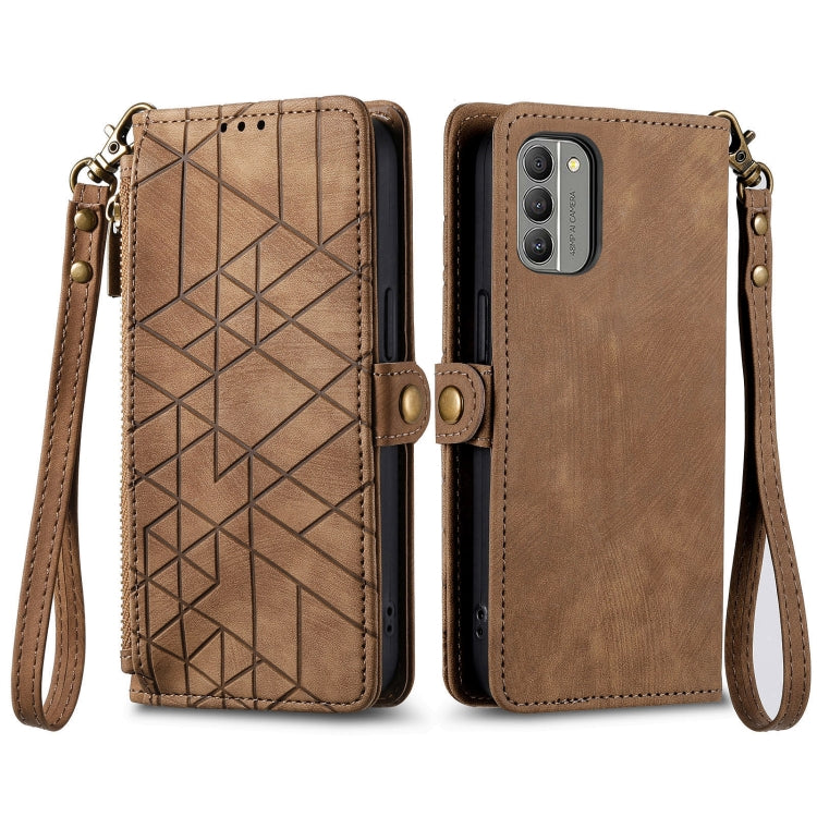 For Nokia C31 Geometric Zipper Wallet Side Buckle Leather Phone Case(Brown) - Nokia Cases by buy2fix | Online Shopping UK | buy2fix