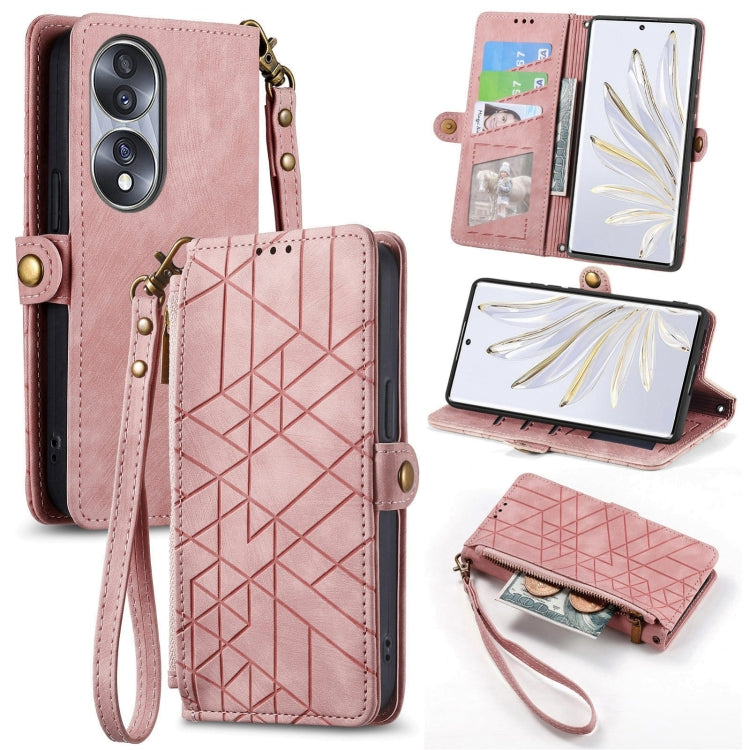 For Honor 70 Geometric Zipper Wallet Side Buckle Leather Phone Case(Pink) - Honor Cases by buy2fix | Online Shopping UK | buy2fix