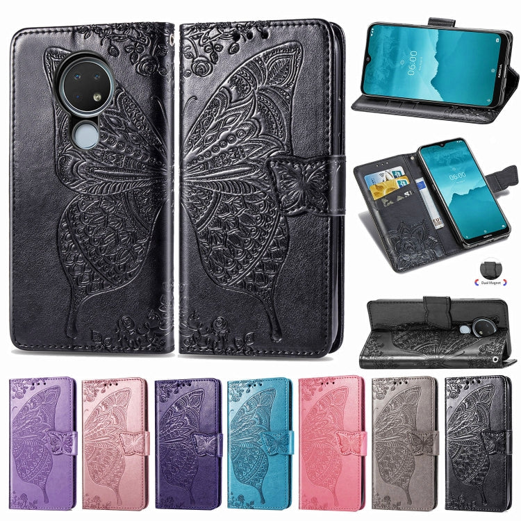 For Nokia 6.2 / 7.2 Butterfly Love Flower Embossed Horizontal Flip Leather Case with Bracket Lanyard Card Slot Wallet(Rose Gold) - Nokia Cases by buy2fix | Online Shopping UK | buy2fix