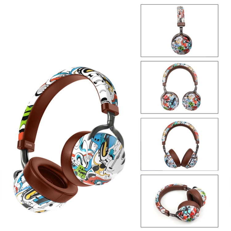 VJ086 Graffiti Headset Wireless Sports Bluetooth Headset Water Transfer Color Print Headset, Support TF, FM(Black+White) - Headset & Headphone by buy2fix | Online Shopping UK | buy2fix