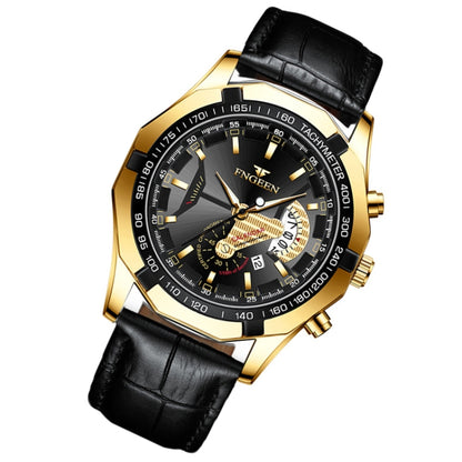 FNGEEN S001 Men Waterproof Watch Calendar Watch(Black Leather Full Gold Black Surface) - Alloy Watches by FNGEEN | Online Shopping UK | buy2fix