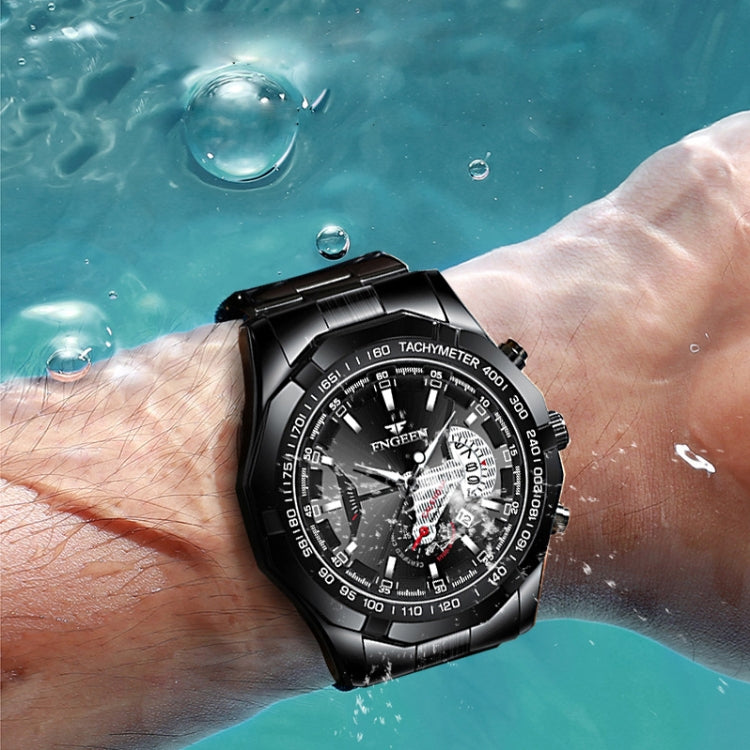 FNGEEN S001 Men Waterproof Watch Calendar Watch(Black Leather White Steel Black Surface) - Alloy Watches by FNGEEN | Online Shopping UK | buy2fix