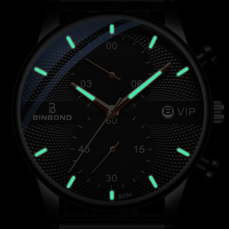BINBOND B0158 Men Luminous Multifunctional Business Quartz Watch(Blue Mash Rose Shell Blue Surface) - Metal Strap Watches by BINBOND | Online Shopping UK | buy2fix
