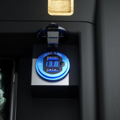Aluminum Alloy Double QC3.0 Fast Charge With Button Switch Car USB Charger Waterproof Car Charger Specification: Black Shell Blue Light With Terminal - In Car by buy2fix | Online Shopping UK | buy2fix