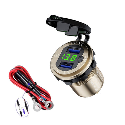 Aluminum Alloy Double QC3.0 Fast Charge With Button Switch Car USB Charger Waterproof Car Charger Specification: Golden Shell Green Light With 60cm Line - In Car by buy2fix | Online Shopping UK | buy2fix