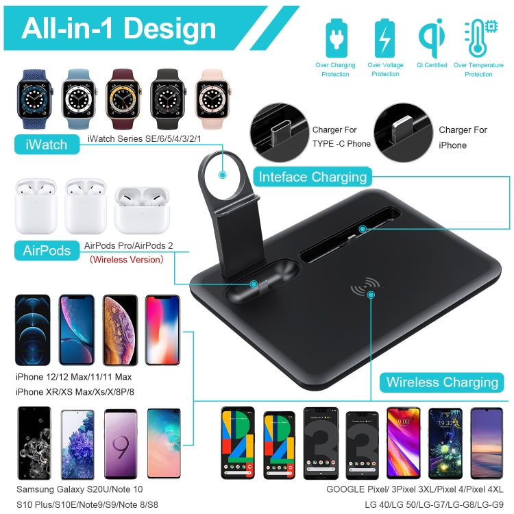 HQ-UD17 4 in 1 Wireless Charger Phone Holder Charging Base for Smart Phones, iWatch, AirPods (Black) - Apple Accessories by buy2fix | Online Shopping UK | buy2fix