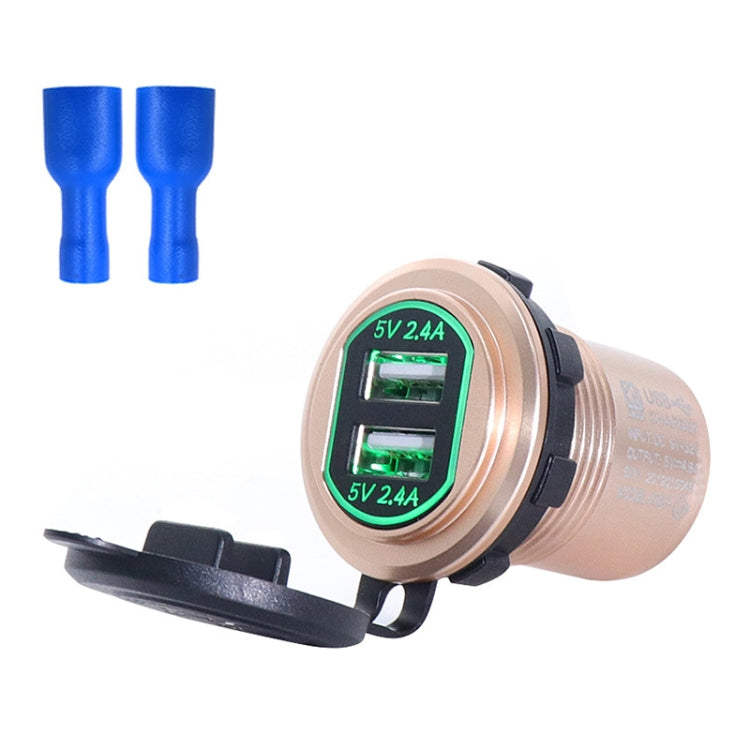Metal Double USB Car Charger 5V 4.8A Aluminum Alloy Car Charger(Golden Shell Green Light With Terminal) - In Car by buy2fix | Online Shopping UK | buy2fix