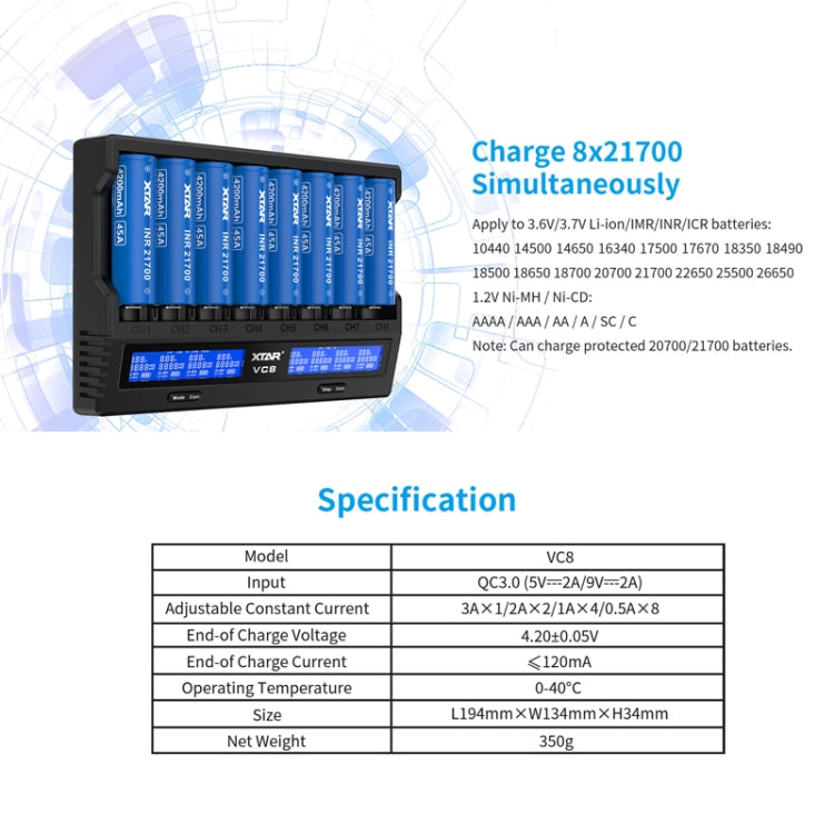 XTAR 8-Slot Battery Charger LCD Display Charger QC3.0 Type C Fast Charger for 21700 / 18650 Battery, Model: VC8 - Consumer Electronics by XTAR | Online Shopping UK | buy2fix