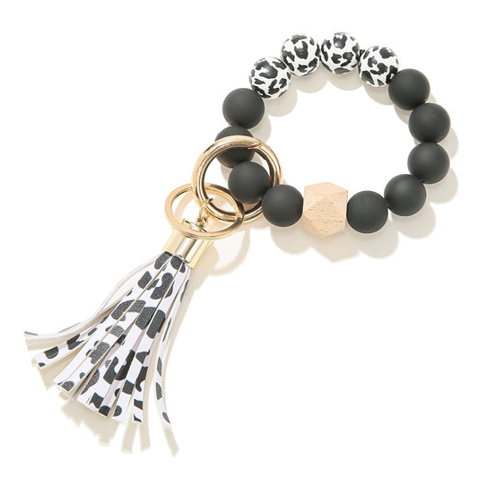 2 PCS Wooden Bead Frosted Bracelet Key Chain Pendant( Black and White Leopard Pattern) - In Car by null | Online Shopping UK | buy2fix