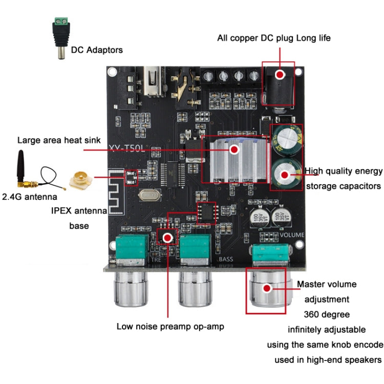 XY-T50L 12V Bluetooth 5.0 Audio Digital Class D Receiver Module With Amplifier - Consumer Electronics by buy2fix | Online Shopping UK | buy2fix