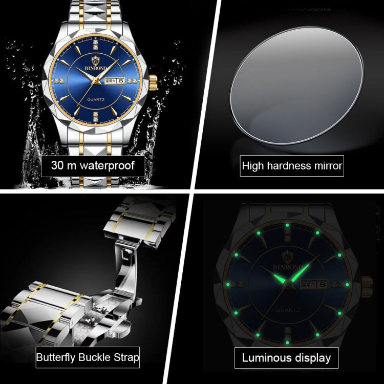 BINBOND B5552 Luminous Multifunctional Business Calendar Quartz Watch(Full-gold-Black) - Metal Strap Watches by BINBOND | Online Shopping UK | buy2fix
