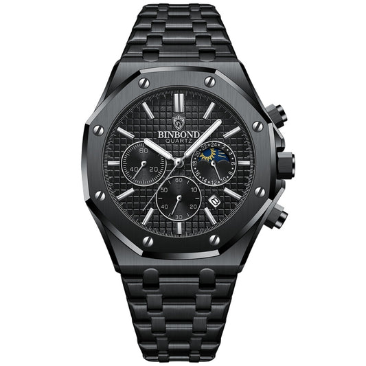 BINBOND B0161 Multifunctional Luminous Waterproof Business Quartz Watch, Color: Black Steel-Black - Metal Strap Watches by BINBOND | Online Shopping UK | buy2fix