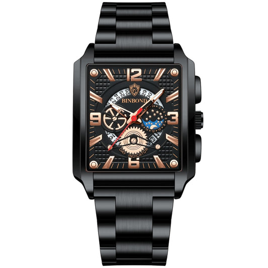 BINBOND B6575 Men Vintage Square Multifunctional Luminous Quartz Watch, Color: Black-Black-Black-Rose - Metal Strap Watches by BINBOND | Online Shopping UK | buy2fix