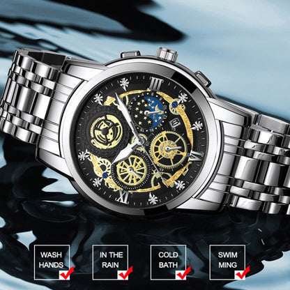 BINBOND 4010 Multifunctional Waterproof Hollowed Luminous Quartz Watch(Full Gold Black Surface) - Metal Strap Watches by BINBOND | Online Shopping UK | buy2fix