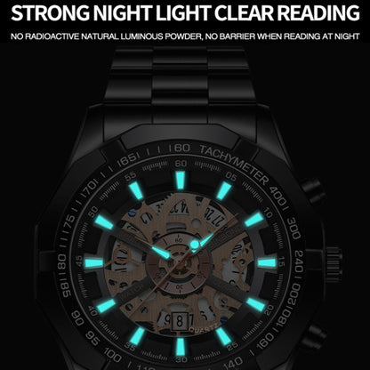 BINBOND S033 Hollowed Mechanical 30m Waterproof Luminous Quartz Watch, Color: Black Steel-Black-White - Metal Strap Watches by BINBOND | Online Shopping UK | buy2fix