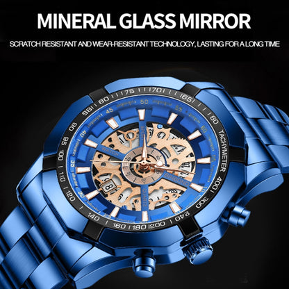 BINBOND S033 Hollowed Mechanical 30m Waterproof Luminous Quartz Watch, Color: Blue Steel-Blue - Metal Strap Watches by BINBOND | Online Shopping UK | buy2fix