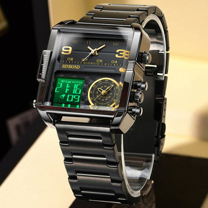 BINBOND B3332 Square Multifunctional Sports Quartz Waterproof Watch(Black Leather-Black-Black-Gold) - Leather Strap Watches by BINBOND | Online Shopping UK | buy2fix