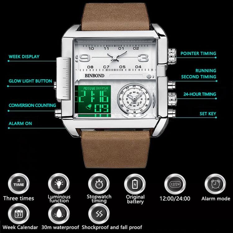 BINBOND B3332 Square Multifunctional Sports Quartz Waterproof Watch(White Steel-White) - Metal Strap Watches by BINBOND | Online Shopping UK | buy2fix